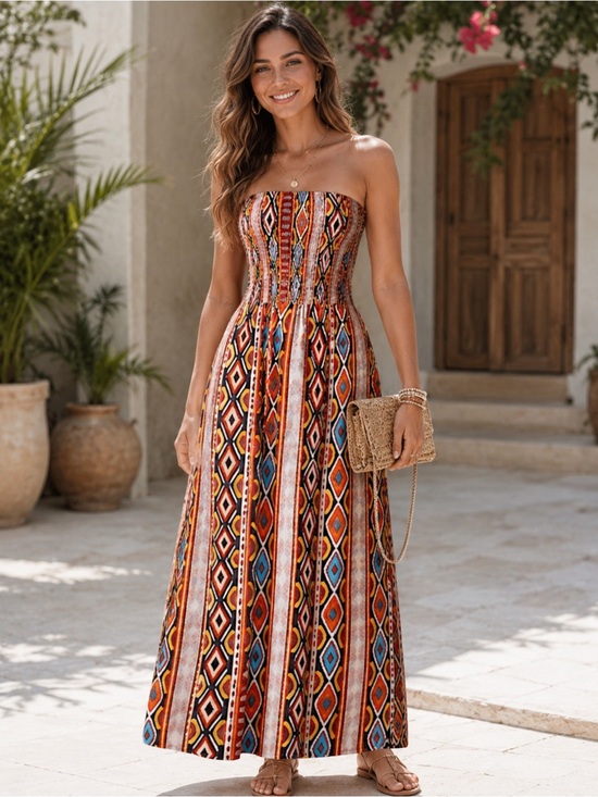 Dresses & Skirts - Strapless Smocked Bohemian Maxi Dress - Multicolor